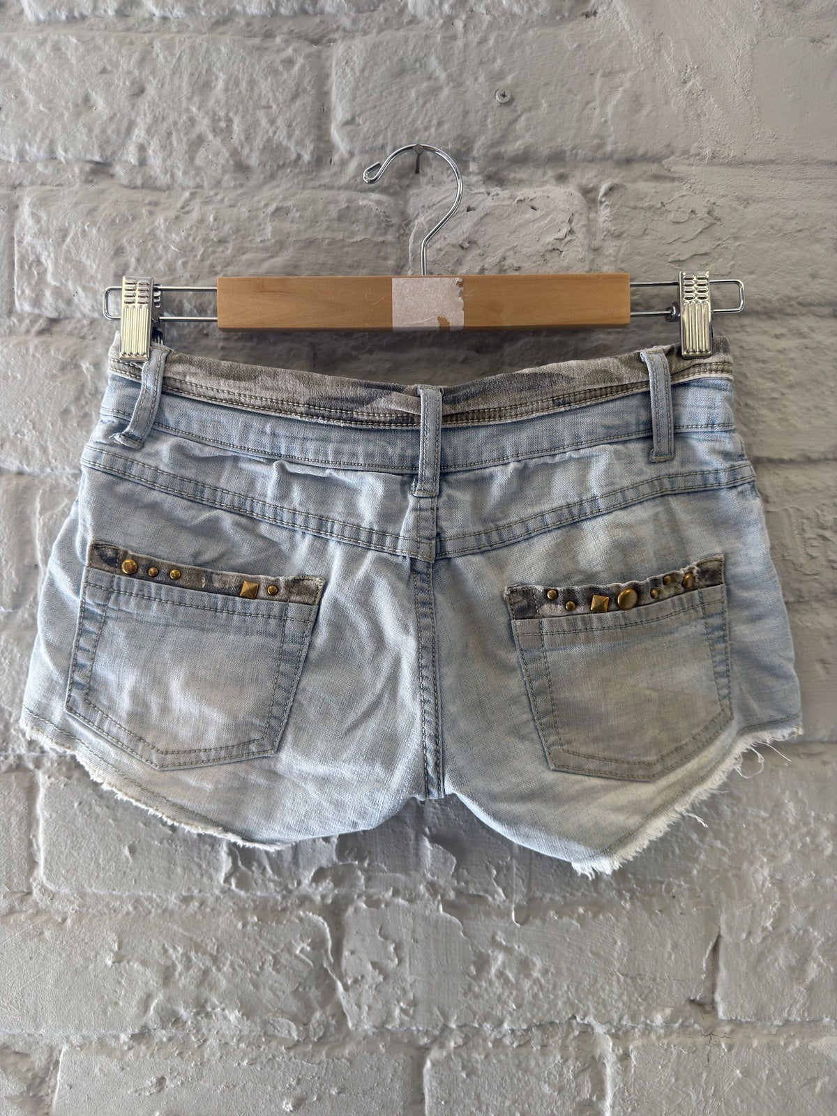 Light Blue Studded Camo Denim Shorts