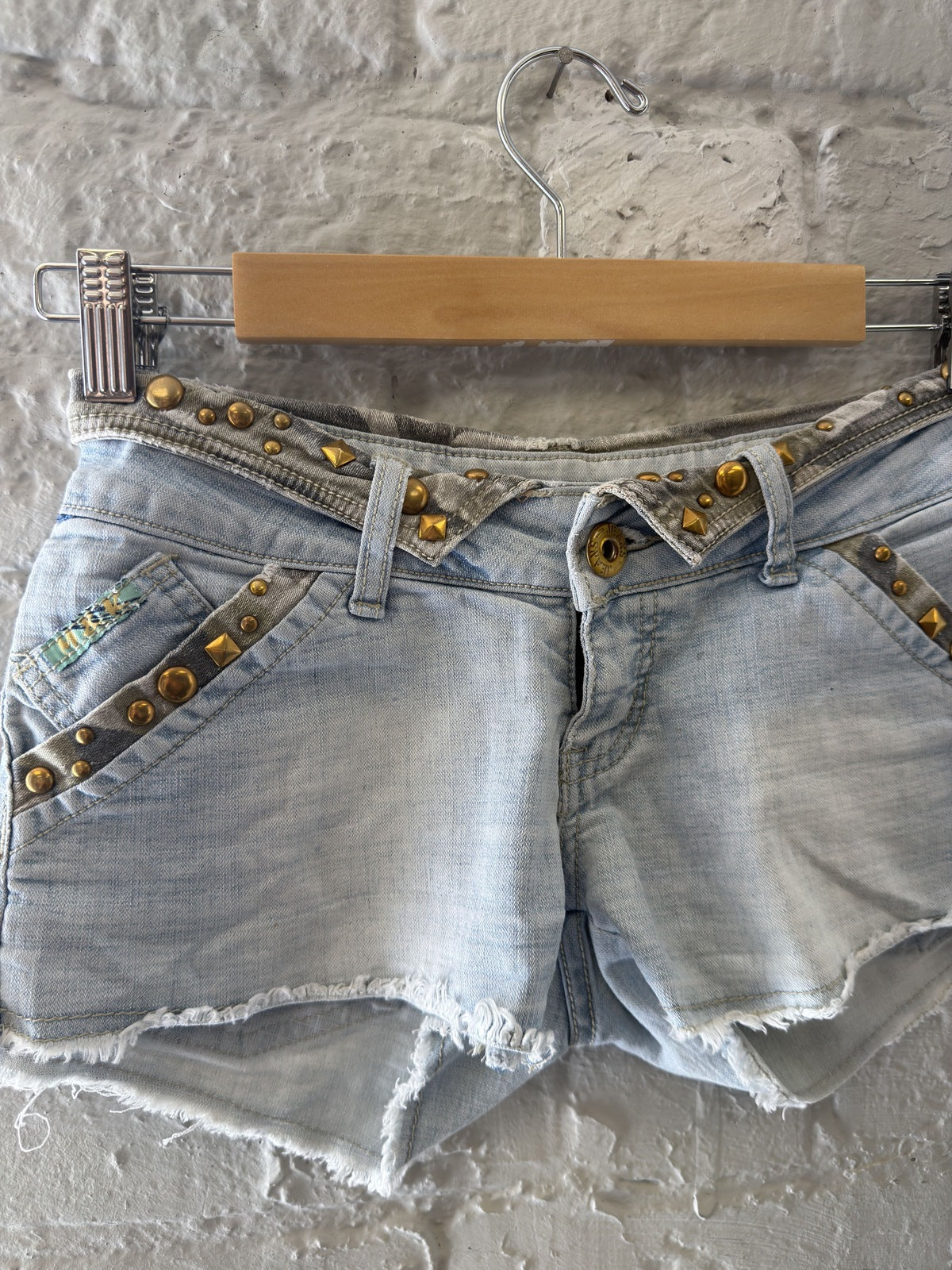 Light Blue Studded Camo Denim Shorts