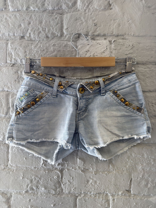 Light Blue Studded Camo Denim Shorts
