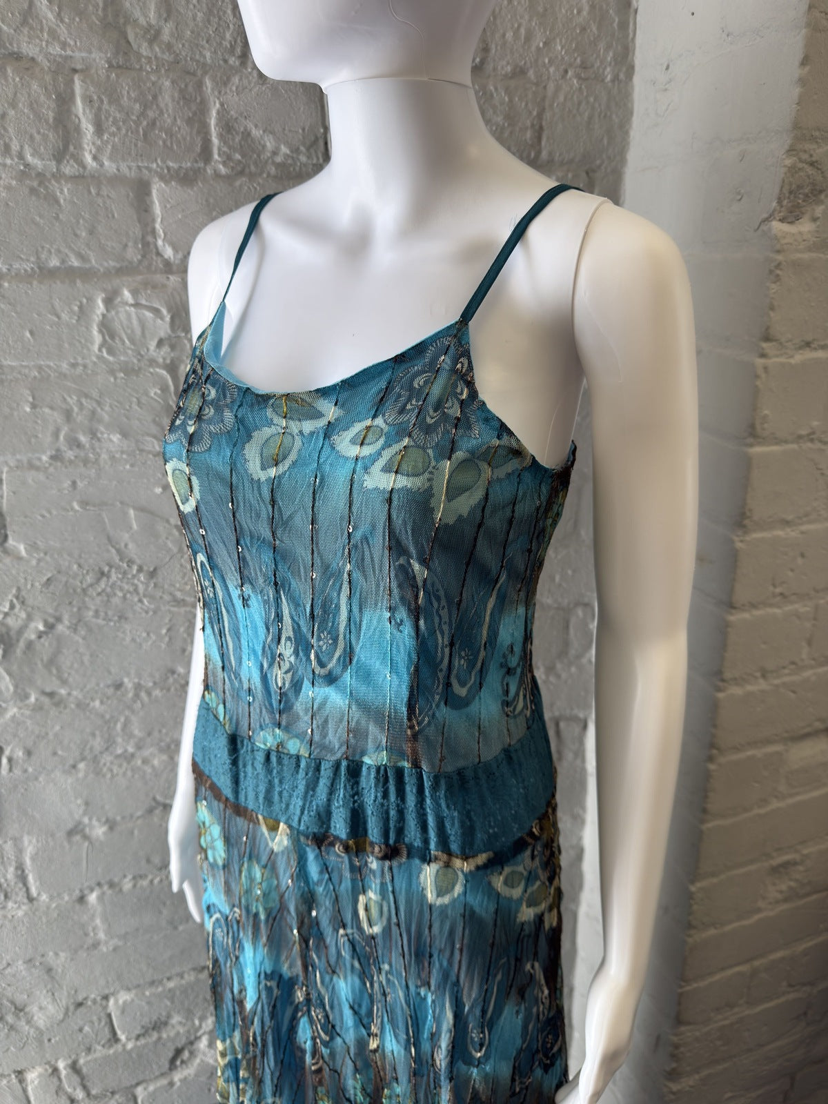 Blue Patterned Maxi Dress with Spaghetti Straps