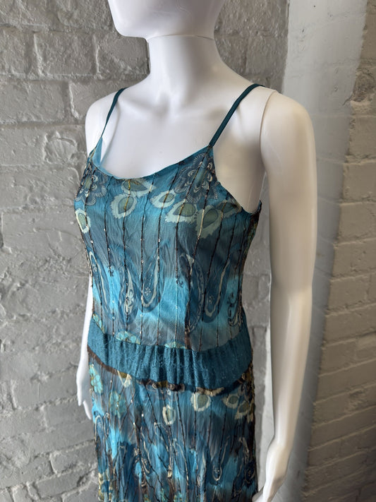 Blue Patterned Maxi Dress with Spaghetti Straps