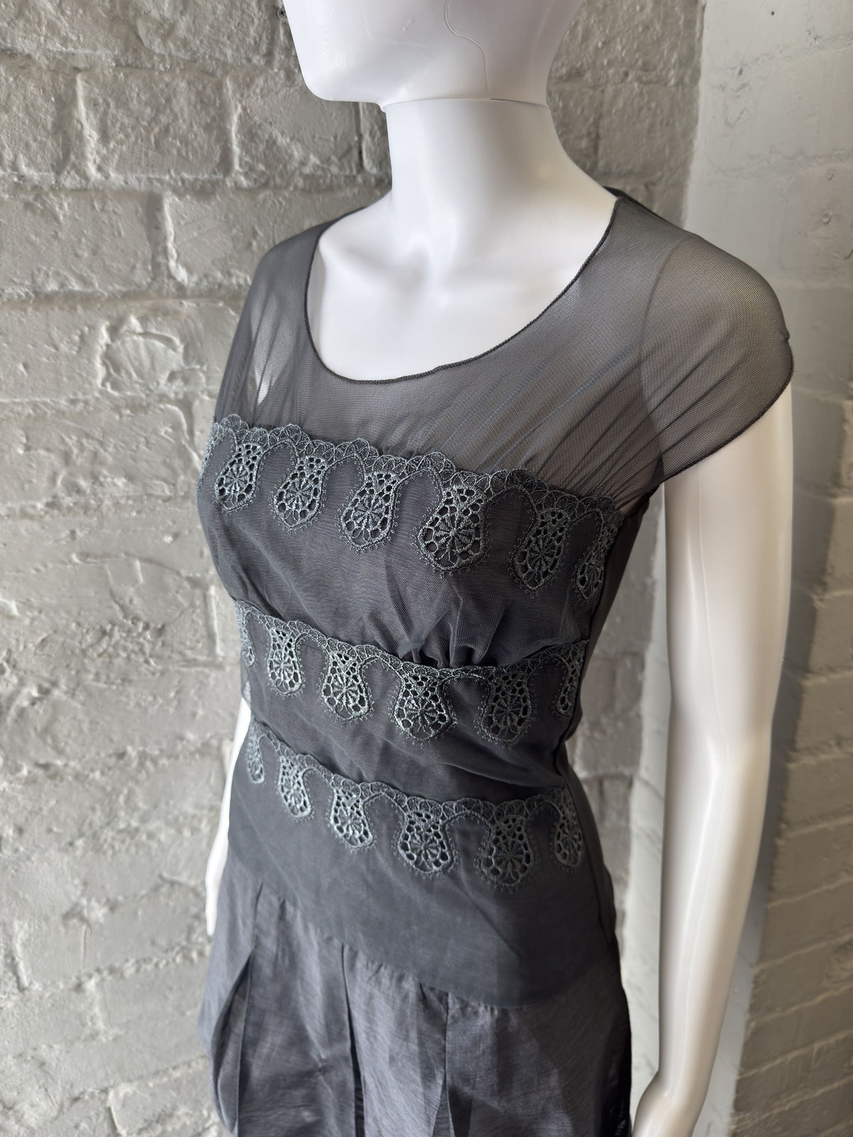 Siste's Grey Sheer Mesh and Embroidered Detail Mini Dress