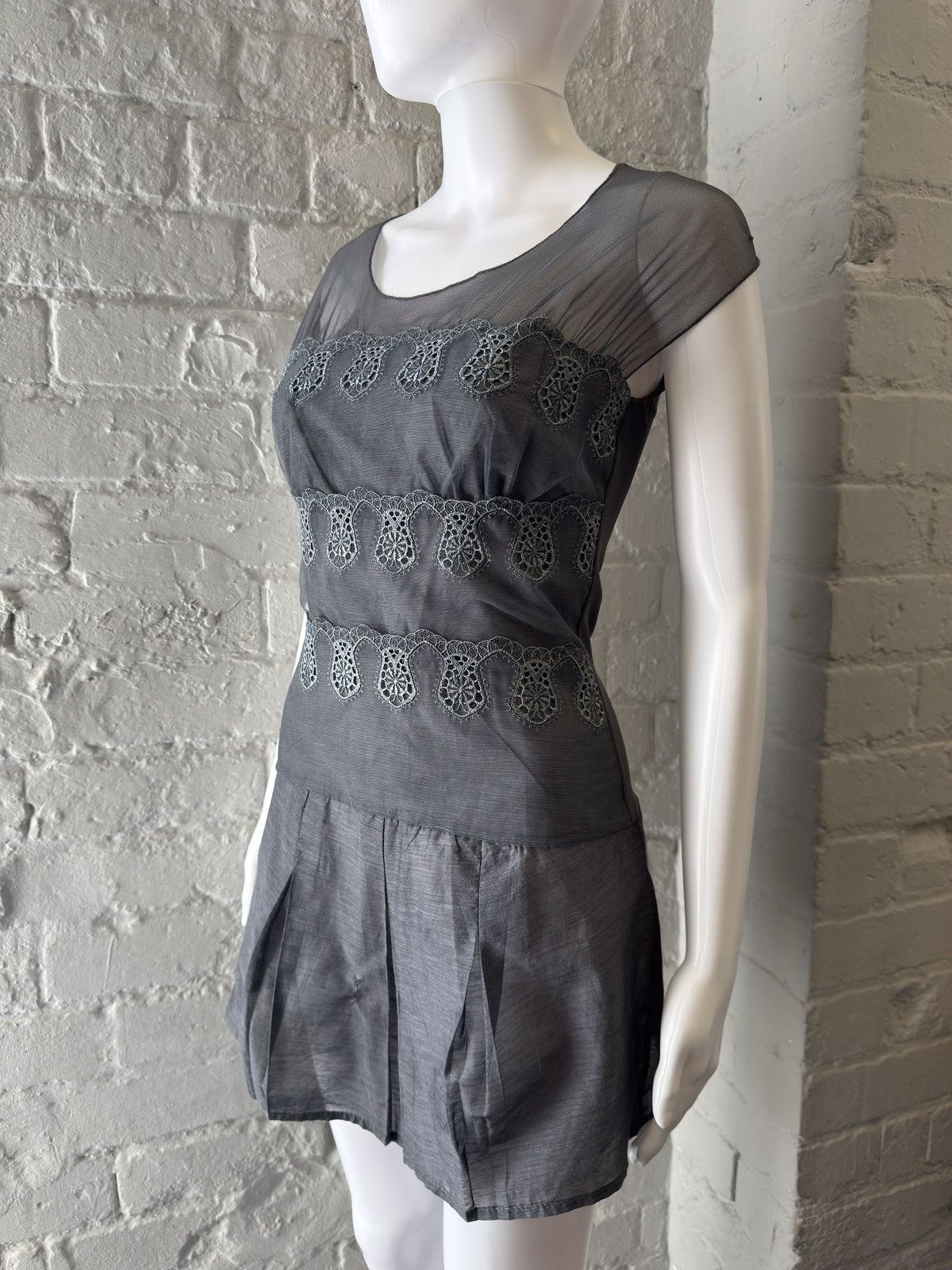 Siste's Grey Sheer Mesh and Embroidered Detail Mini Dress