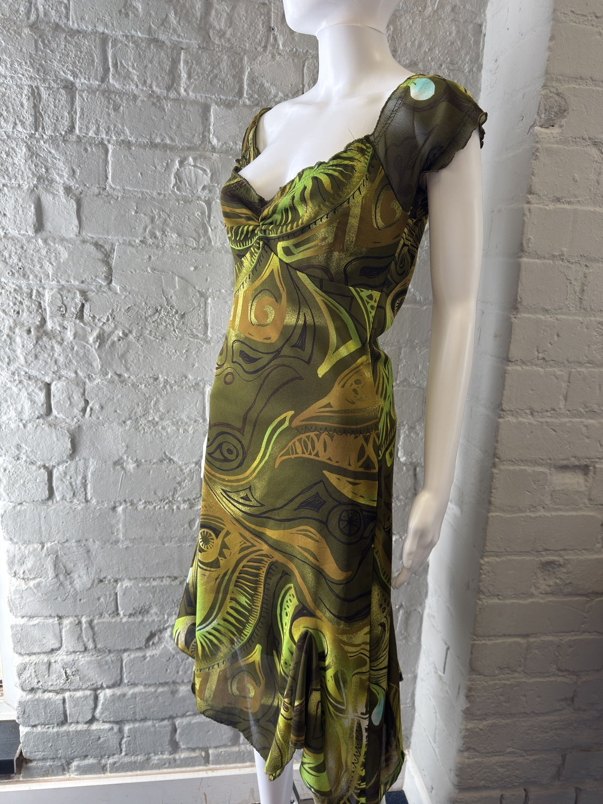 Vintage Style Green Abstract Print Midi Dress with Cap Sleeves
