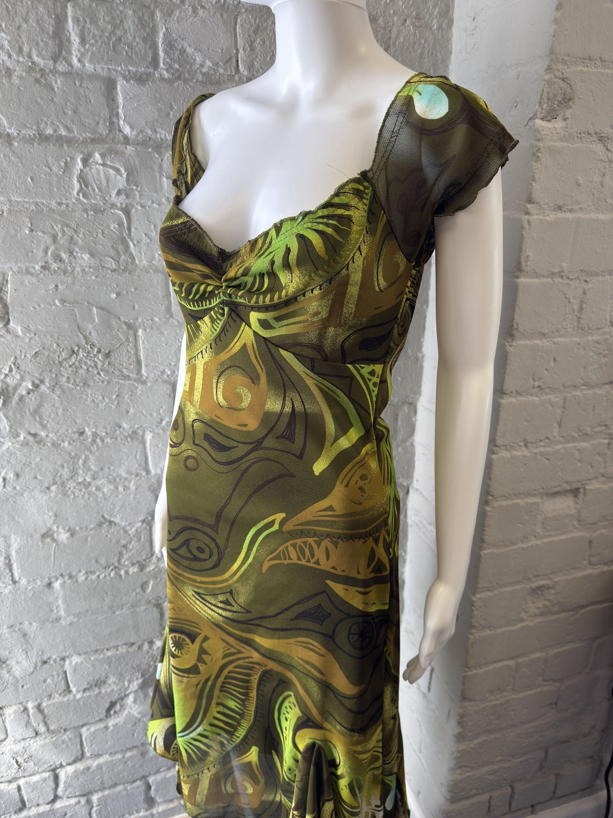 Vintage Style Green Abstract Print Midi Dress with Cap Sleeves