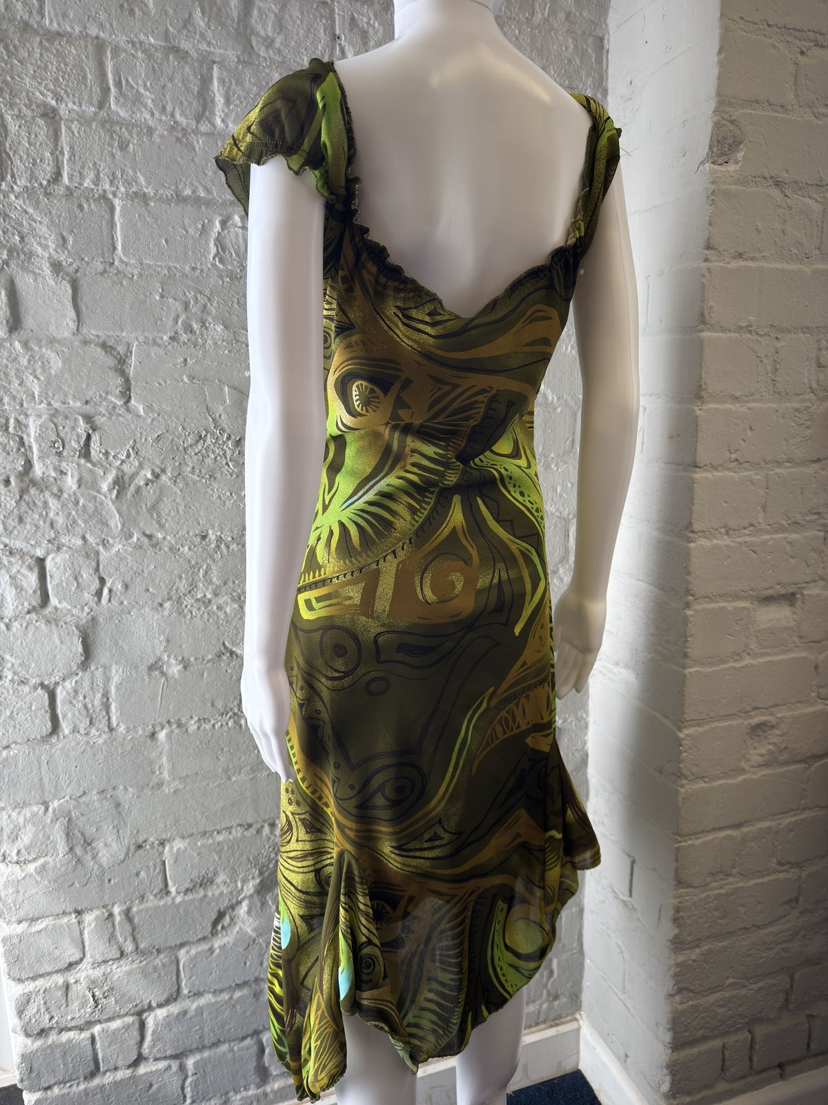 Vintage Style Green Abstract Print Midi Dress with Cap Sleeves