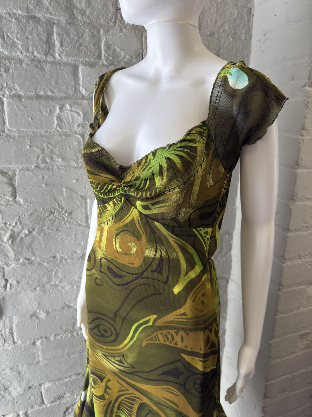 Vintage Style Green Abstract Print Midi Dress with Cap Sleeves