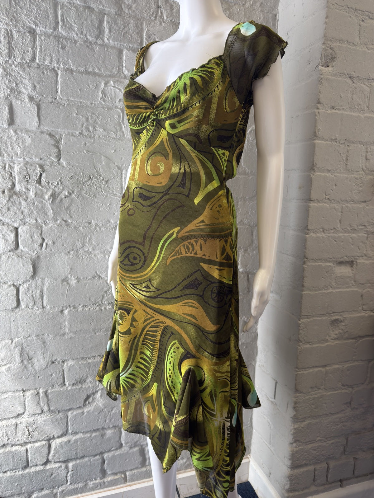 Vintage Style Green Abstract Print Midi Dress with Cap Sleeves