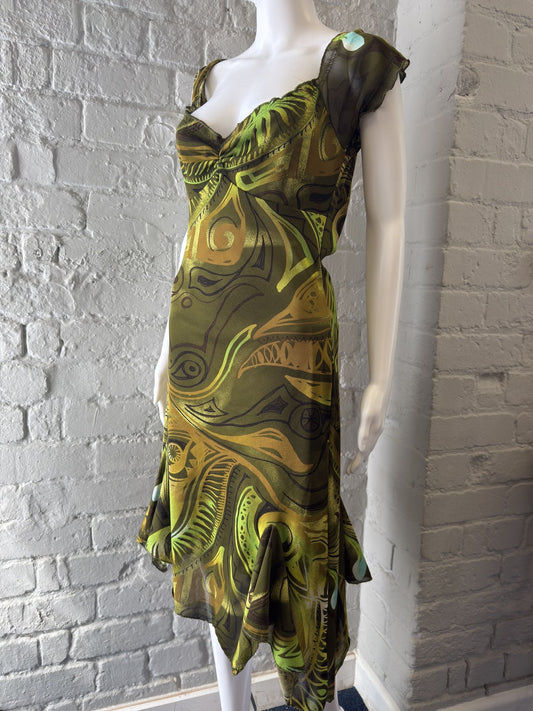 Vintage Style Green Abstract Print Midi Dress with Cap Sleeves