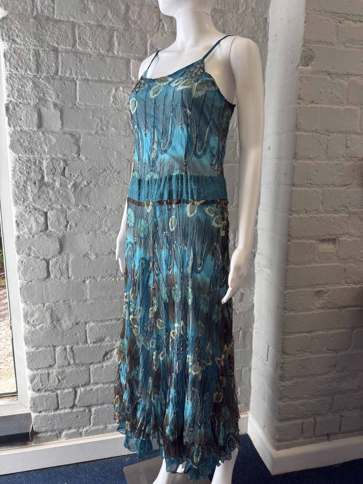 Blue Patterned Maxi Dress with Spaghetti Straps