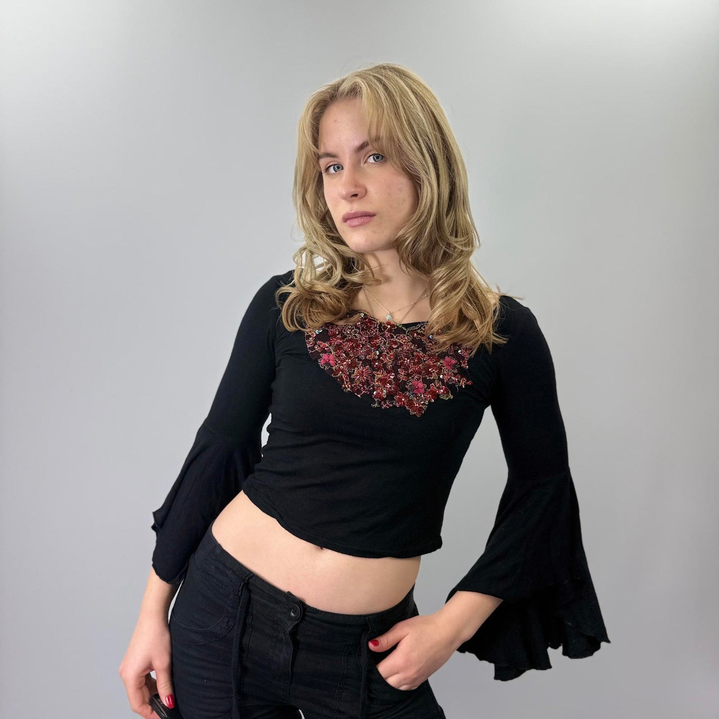 Black Long Sleeve Top with Floral Embellishment- SIZE XS