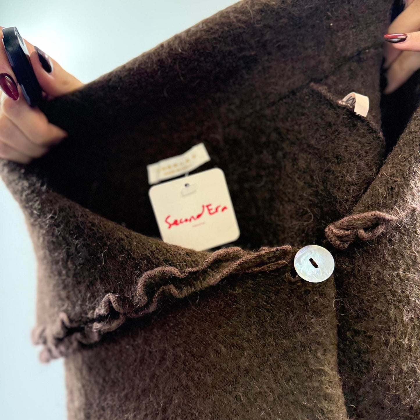 Angels Brown Knit Cardigan Sweater with Ruffle Collar- SIZE M