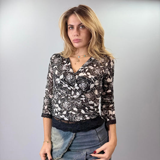 Black and White Floral Lace Trim Wrap Blouse- SIZE M