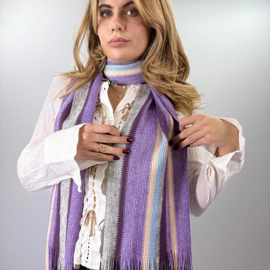 Striped Knit Scarf in Purple, Blue, and Grey Tones