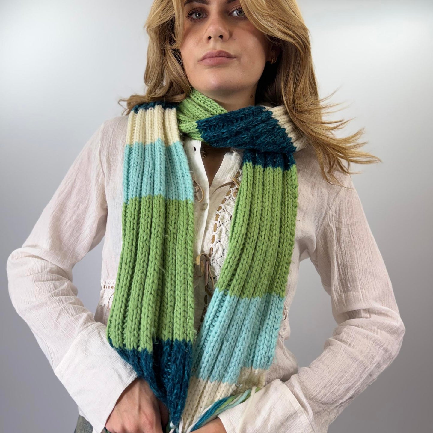Striped Knit Wool Blend Scarf with Fringe