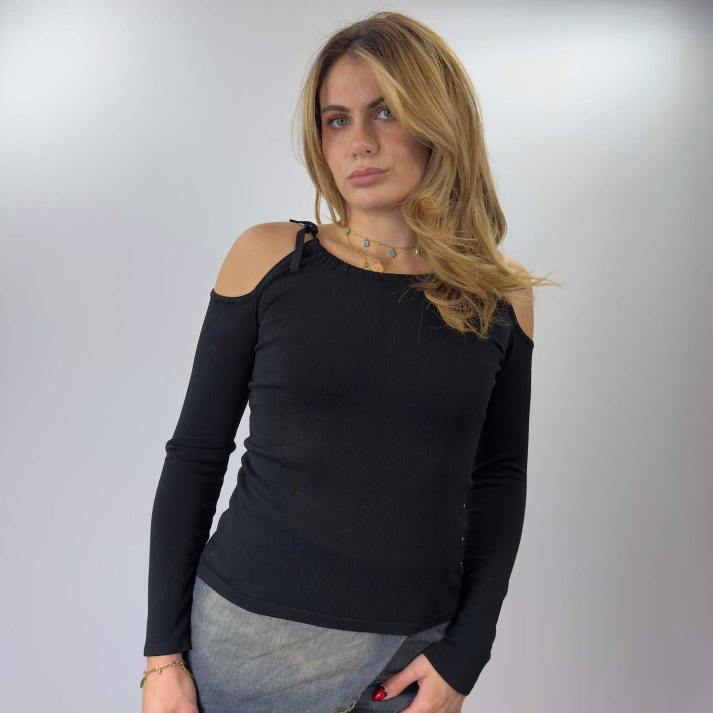 Joyx Black Cold Shoulder Long Sleeve Knit- SIZE S