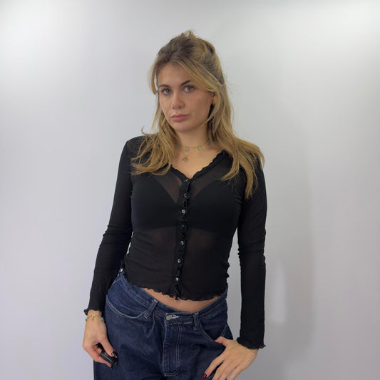 Y2K Black Long Sleeve Sheer Button-Up Top- SIZE S