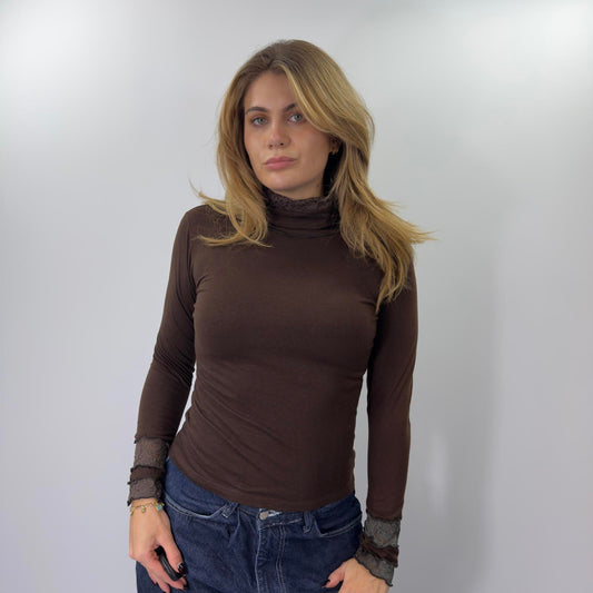 Brown Fitted Turtleneck Top with Lace Trim - SIZE M