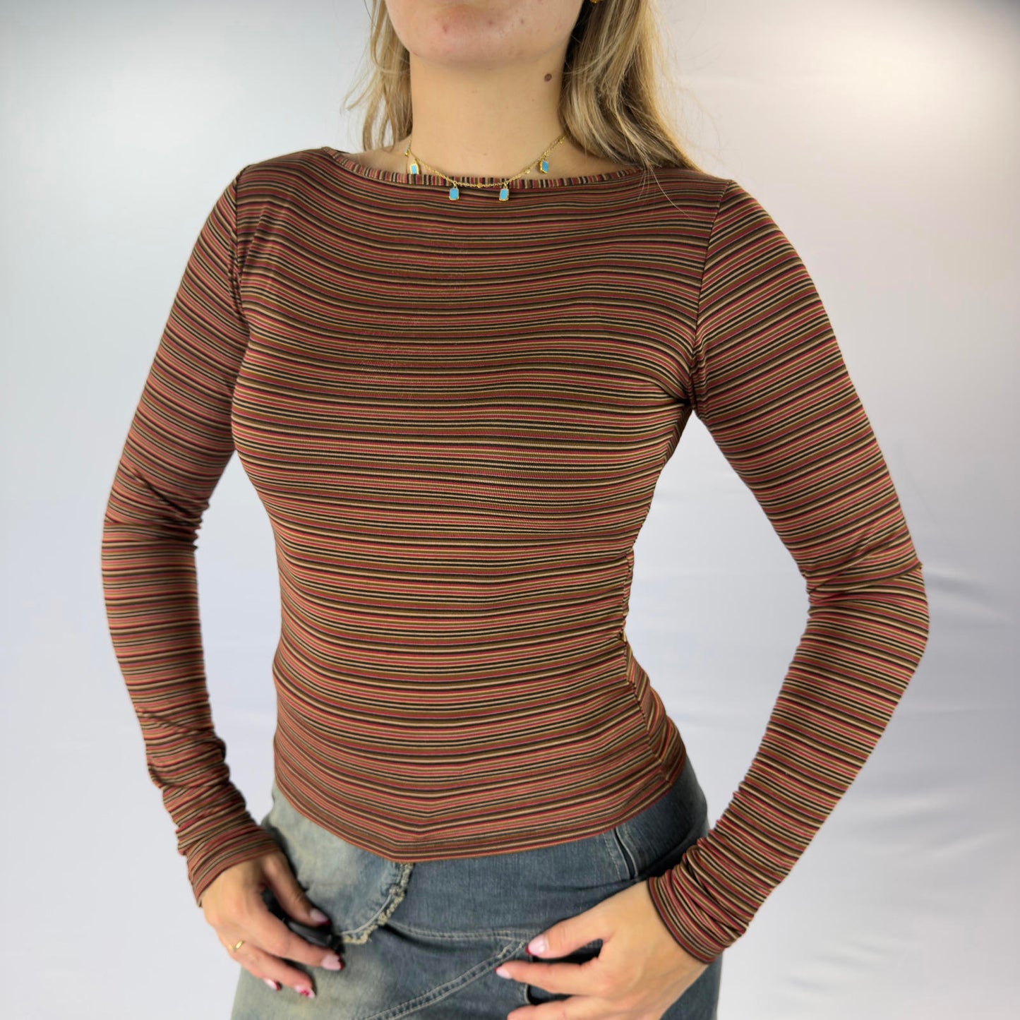 Nclt Milano Striped Long Sleeve Fitted Top for Women- SIZE S