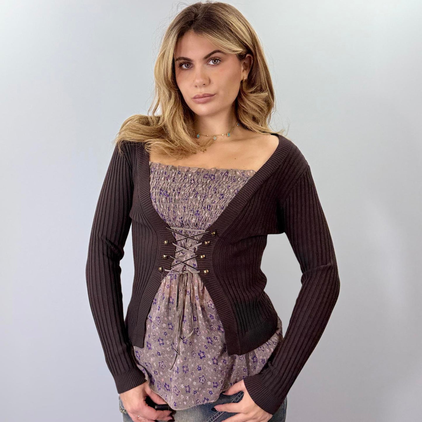 Dark Brown Ribbed Knit Top with Lace-Up Front Detail- SIZE M