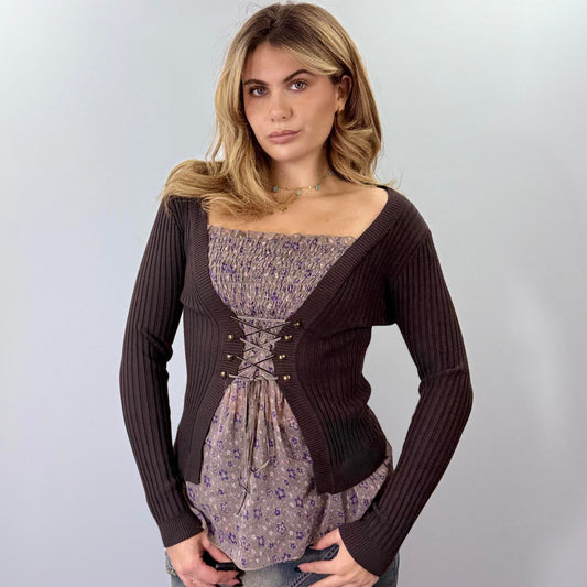 Dark Brown Ribbed Knit Top with Lace-Up Front Detail- SIZE M