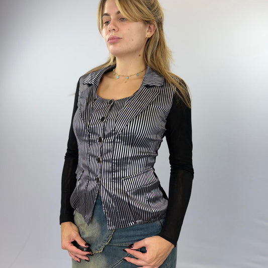 Teresa Black and White Striped Button-Up Shirt - Size M/L