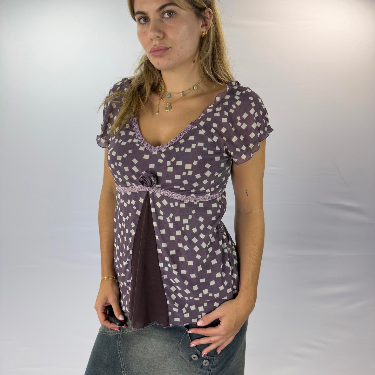 Purple Patterned Short Sleeve Women's Top with Lace Detail- SIZE XXL