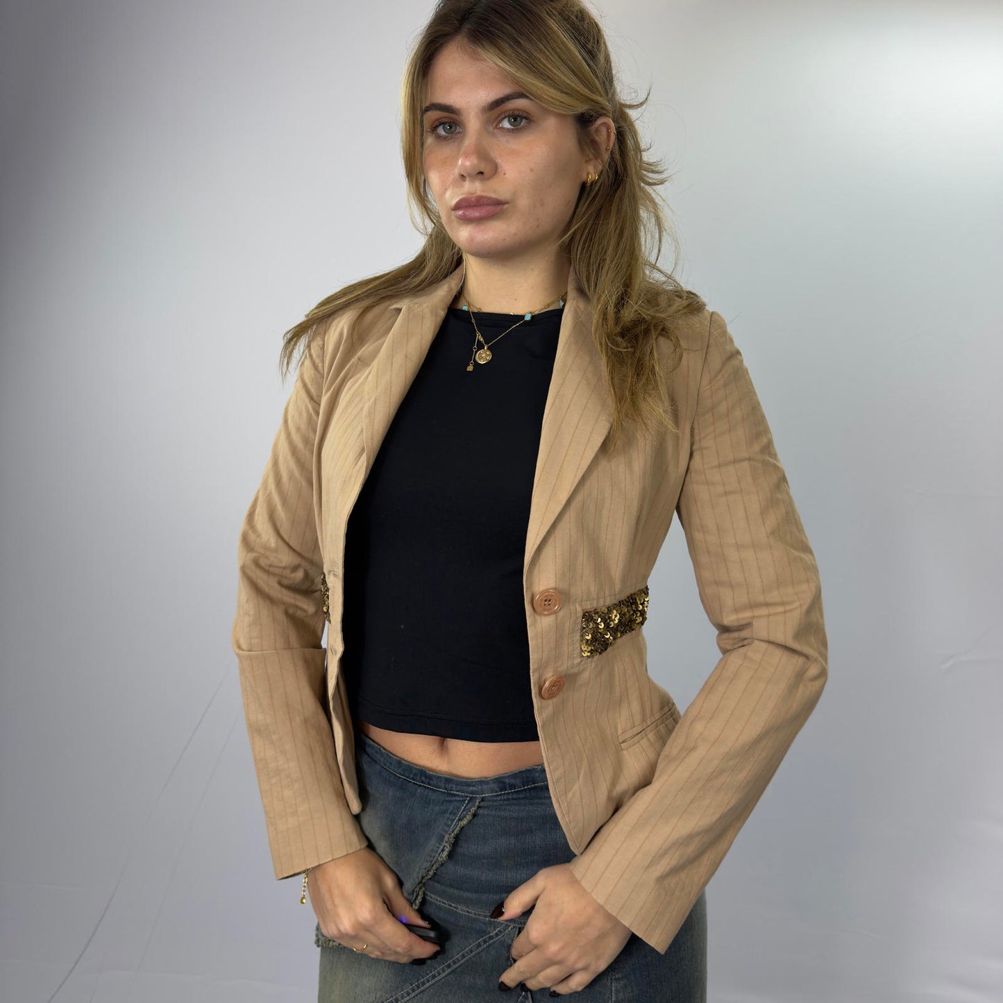 Liu Jo Beige Pinstripe Blazer with Sequin Detail- SIZE S