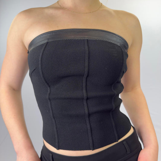 Terre Alte Black Strapless Corset Top with Leather Trim- SIZE S