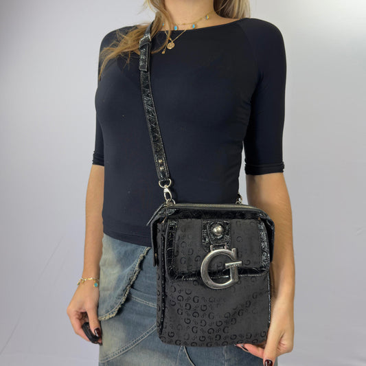 Guess Black Monogram Crossbody Bag with Large G Buckle