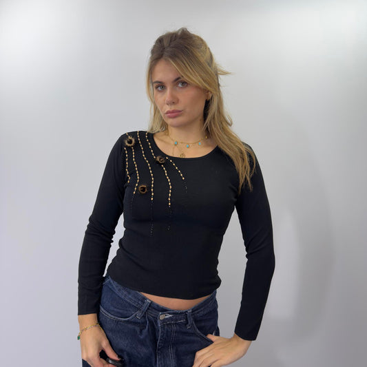 Black Y2K Women's Top with Decorative Embellishments- SIZE M