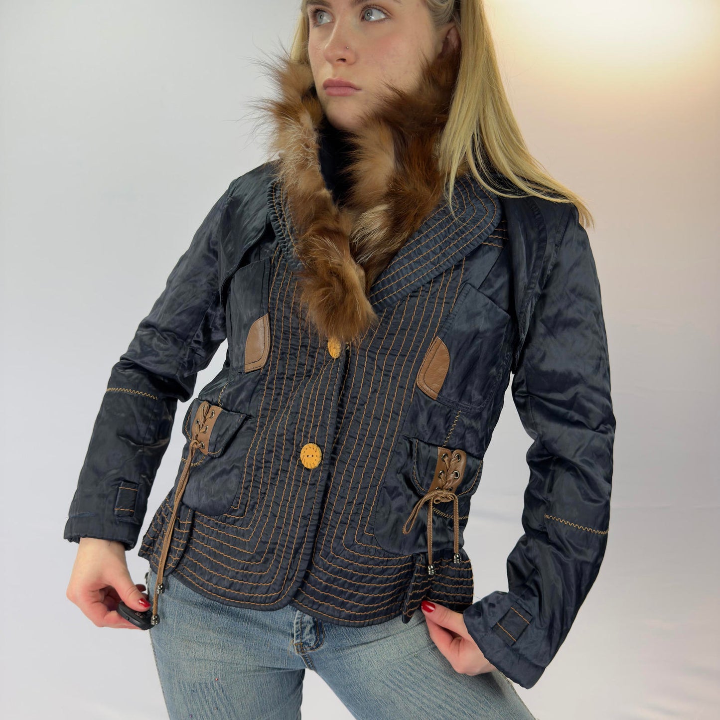 Gerve Blue Quilted Jacket with Fur Collar and Lace-up Details- SIZE S