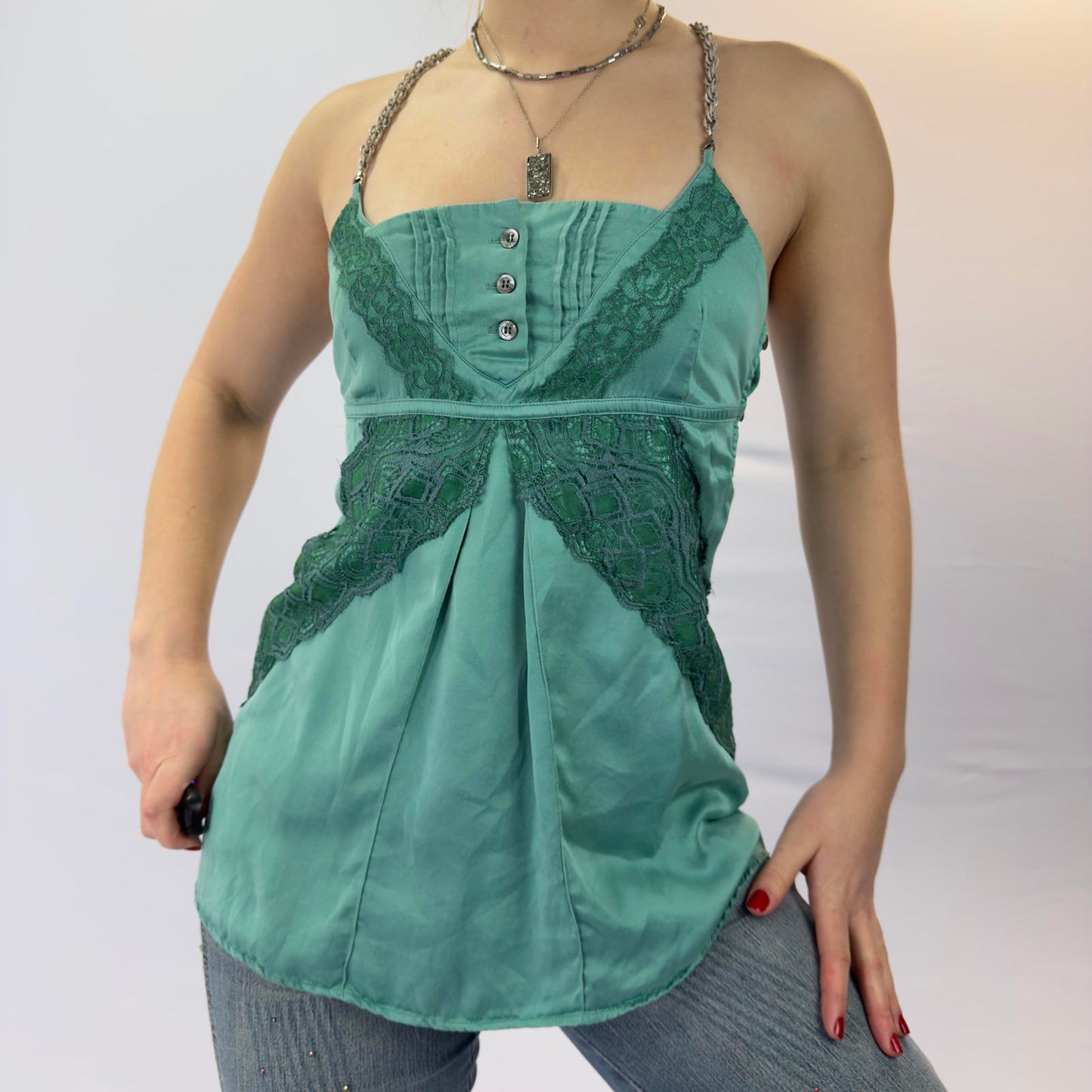 Patrizia Pepe Silk Green Lace Camisole Top- SIZE XS/S