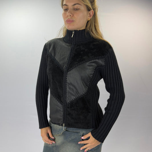 Gelco Women's Black Ribbed Zip-Up Jacket with Mixed Fabric Panels- SIZE 16