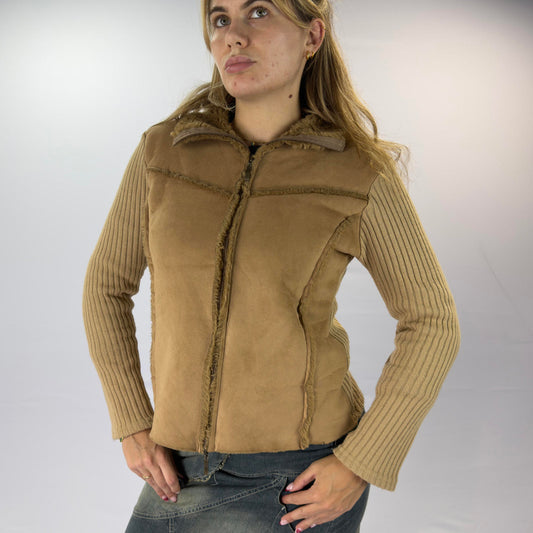 Women's Brown Faux Shearling and Ribbed Knit Jacket- SIZE L