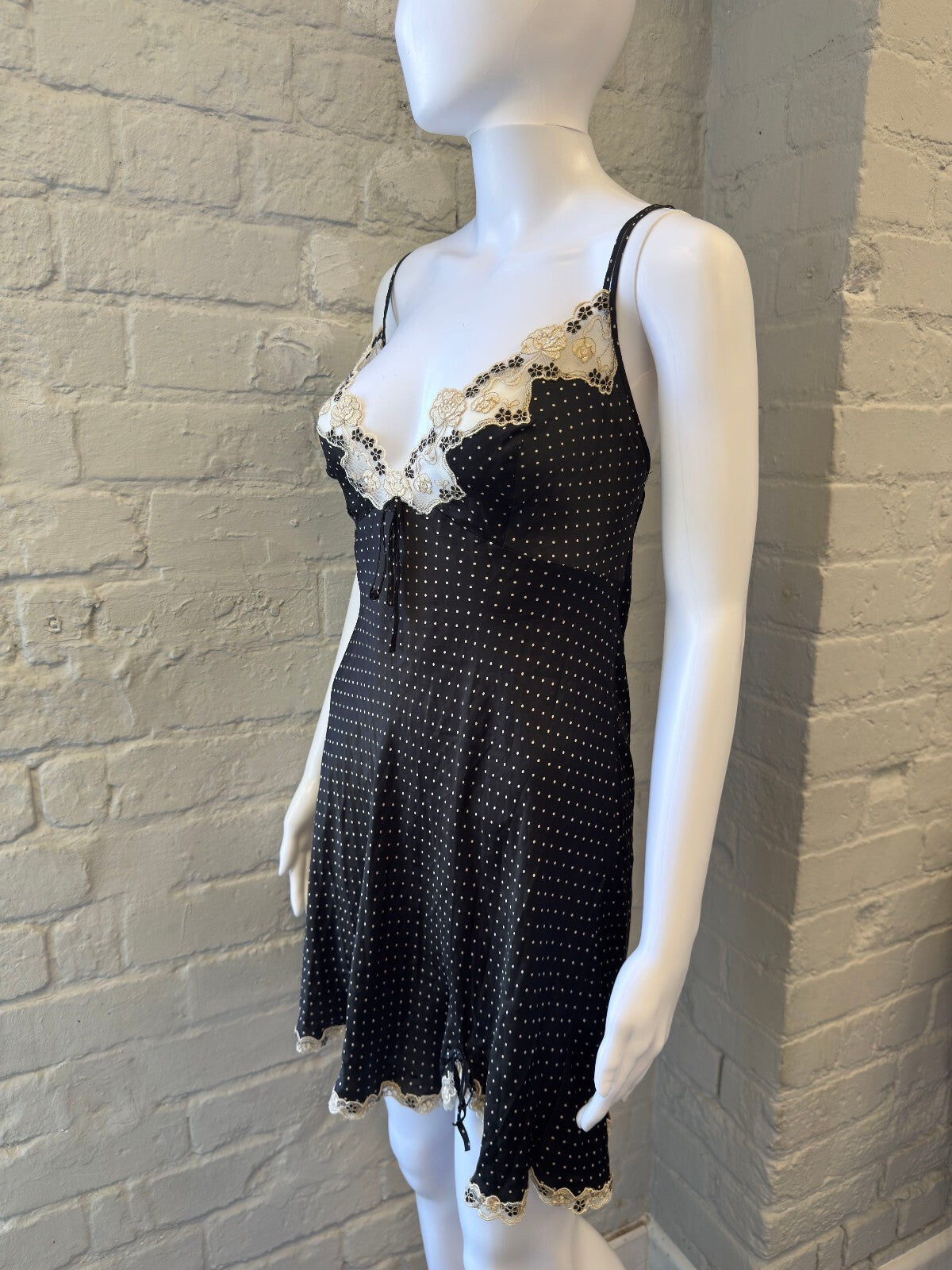 Silk Black Polka Dot Slip Dress with Lace Trim