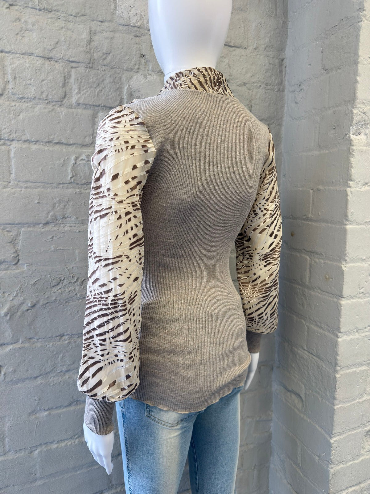 Italian Ribbed Knit Top with Sheer Animal Print Sleeves