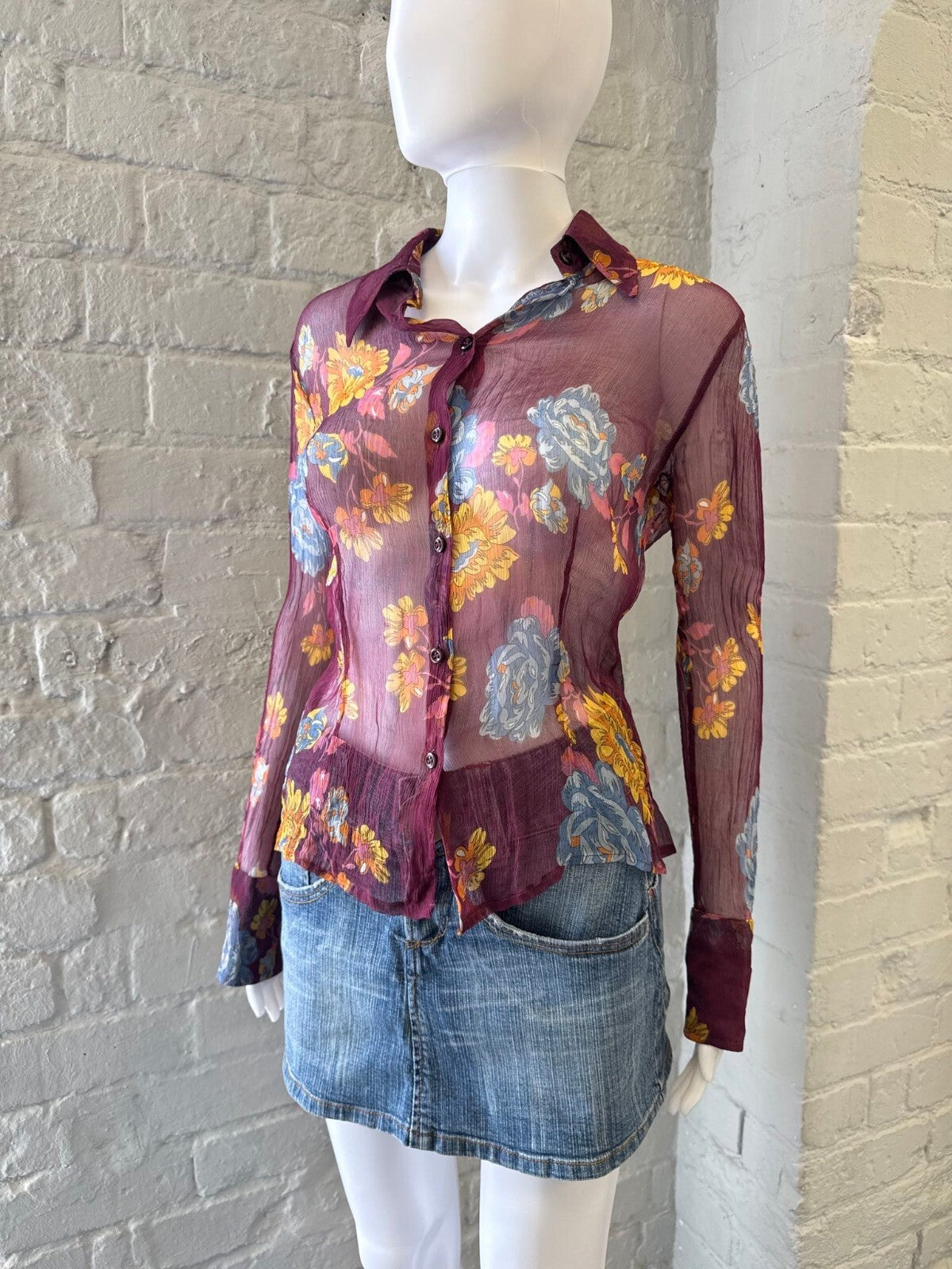 Sheer Floral Button-Up Shirt in Burgundy