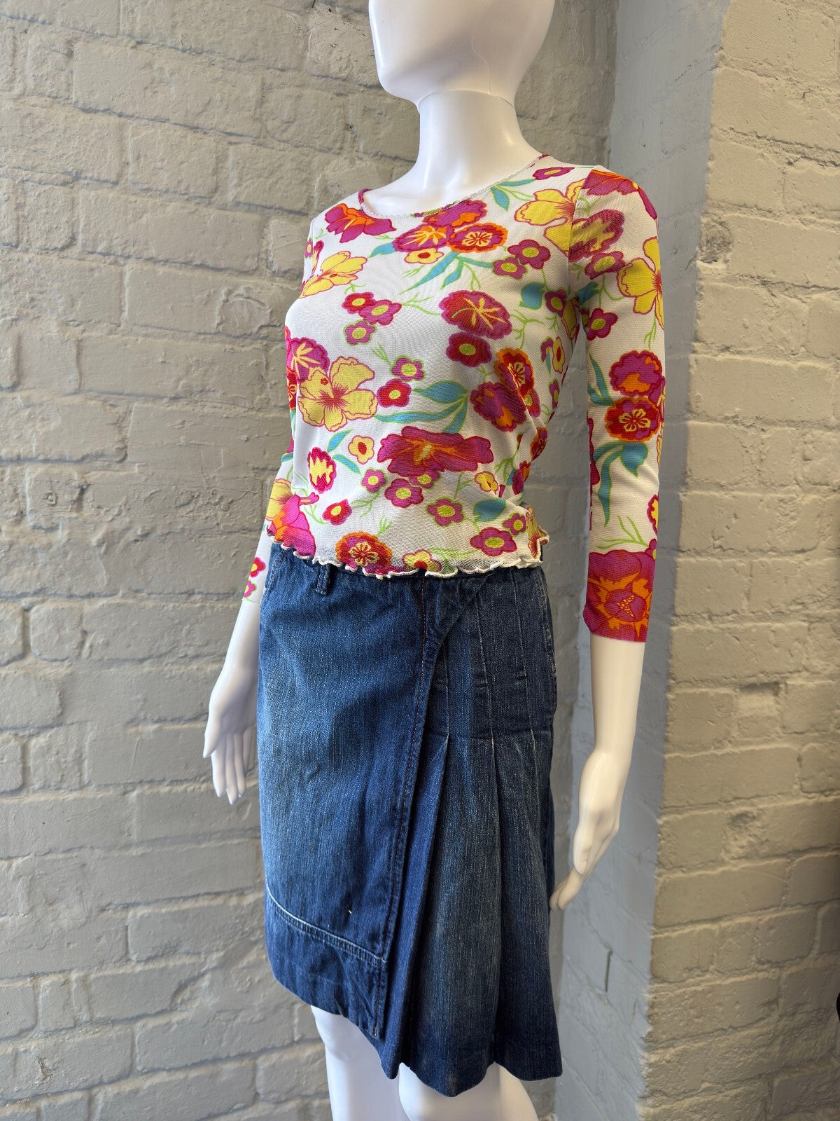 2000s Floral Print Mesh 3/4 Sleeve Top