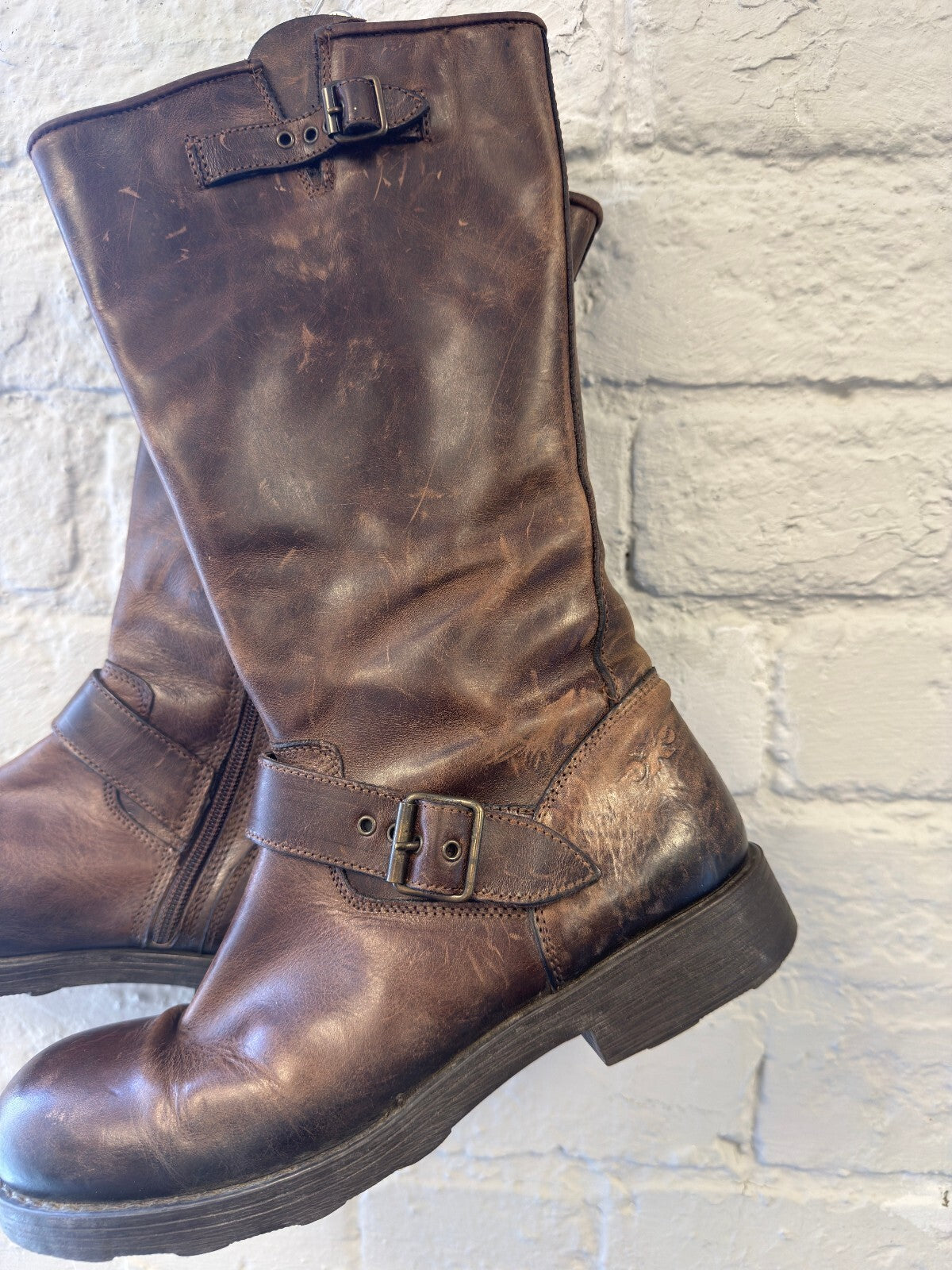 Brown Leather Mid-Calf Buckle Boots