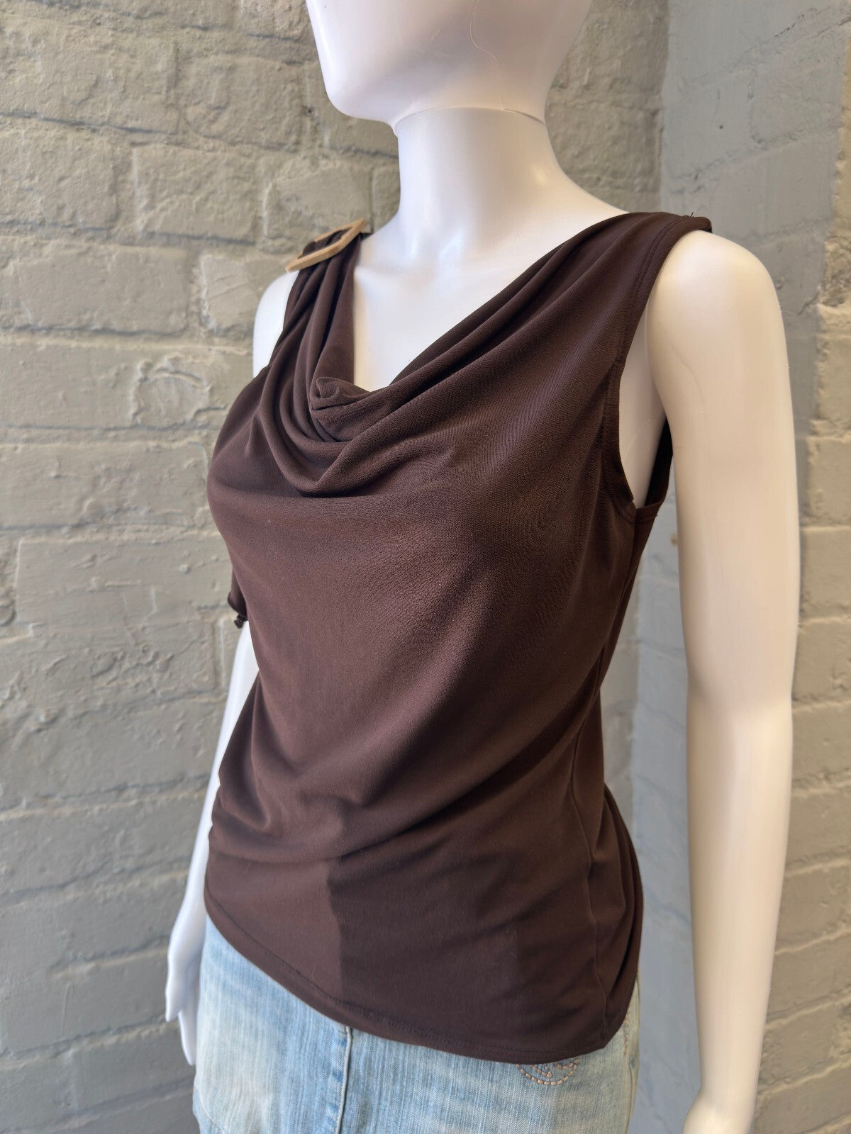 Brown Cowl Neck Top with Buckle Detail