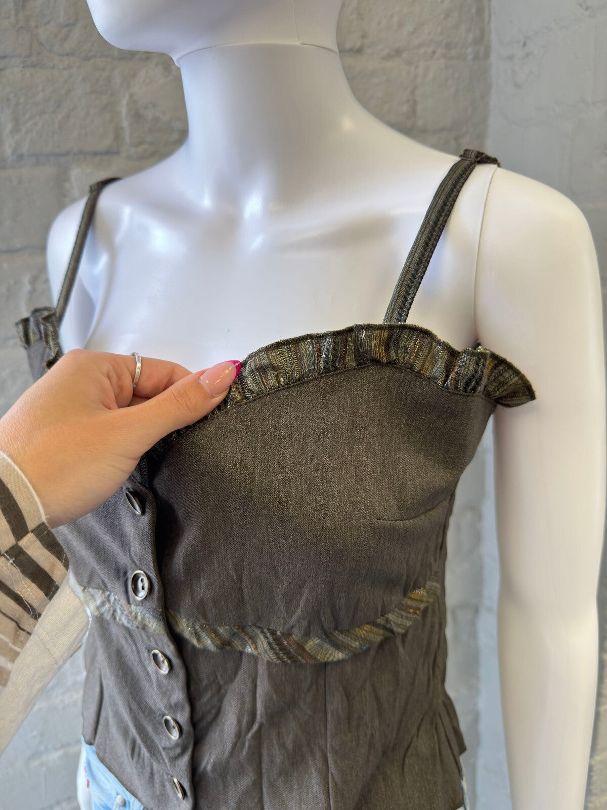 Grey Suit Ruffle Trim Button-Up Cami Top