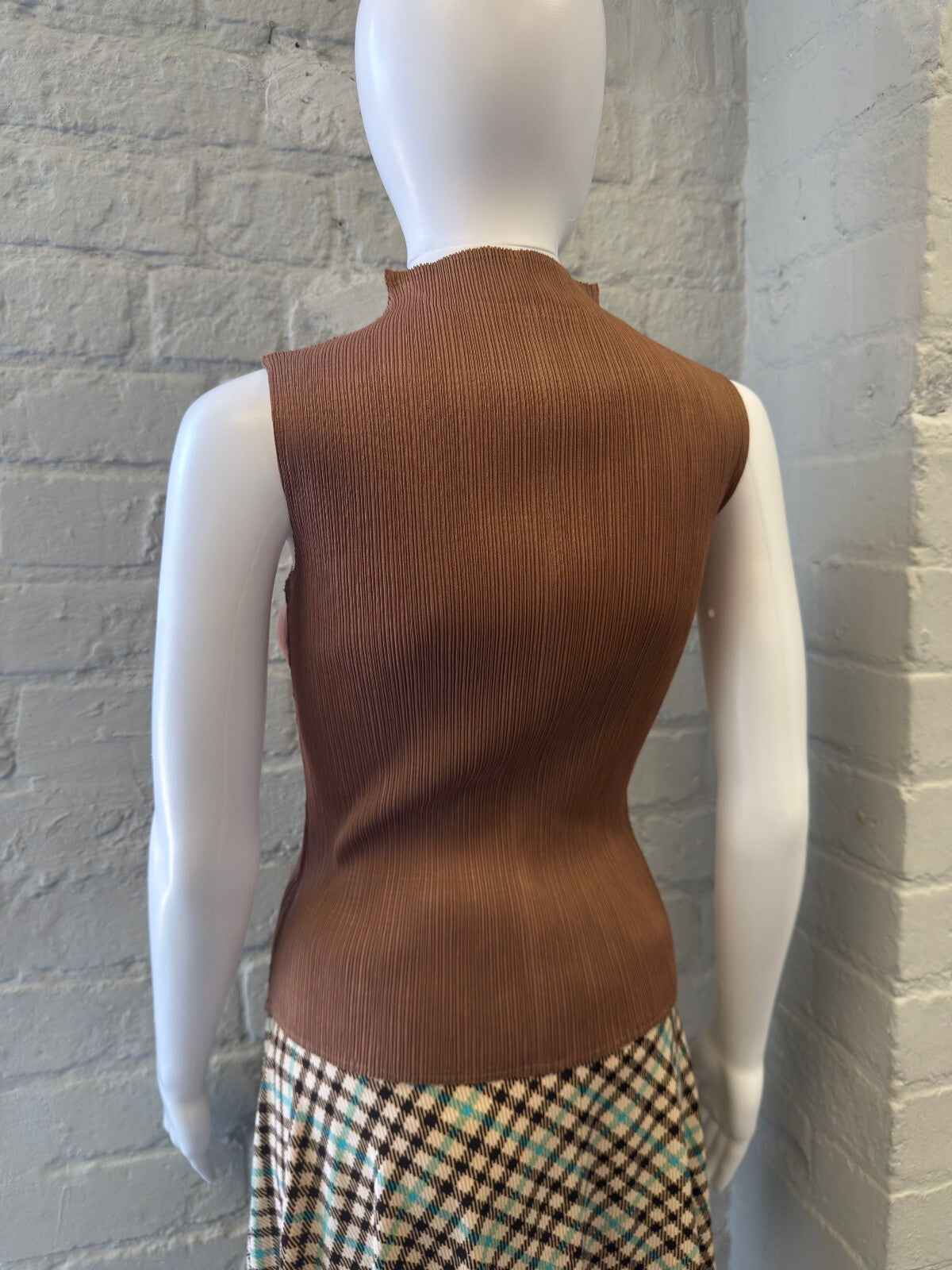 Pleated Brown Ribbed Top with High Neck
