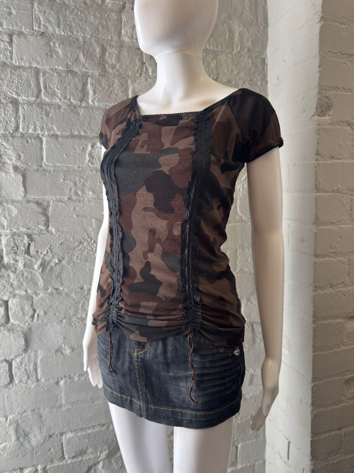 Brown Camouflage Short Sleeve Ruched Top