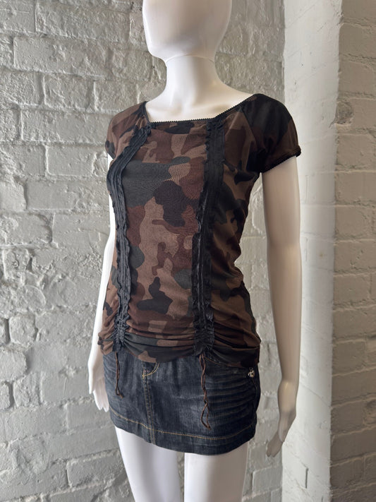 Brown Camouflage Short Sleeve Ruched Top