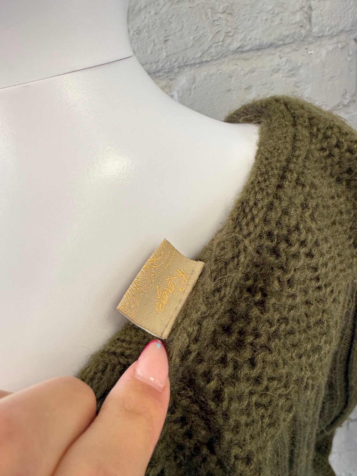Olive Green Knit Cardigan with Ruffle Detail and Ribbon Tie