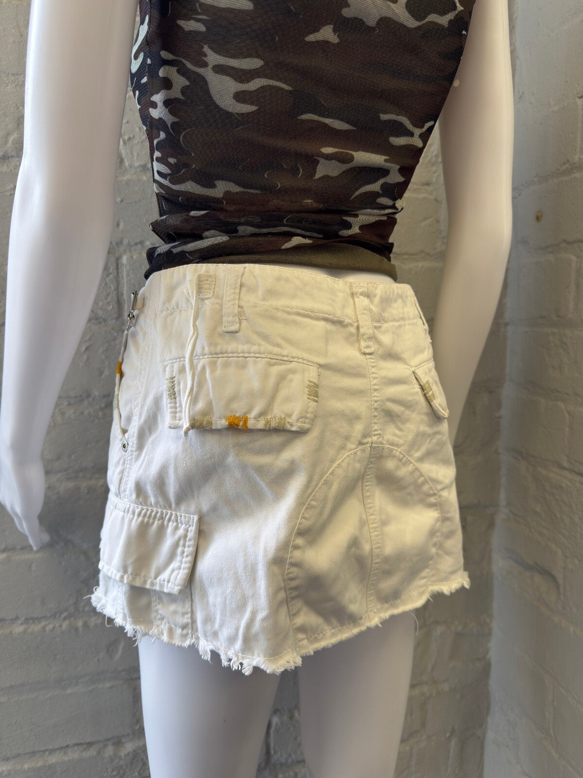 White Cargo Mini Skirt with Frayed Hem