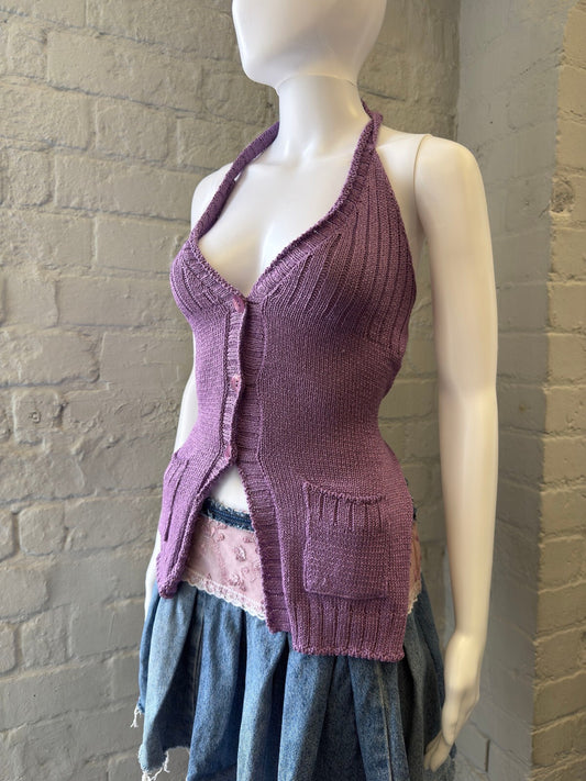 Purple Knitted Backless Halter Top