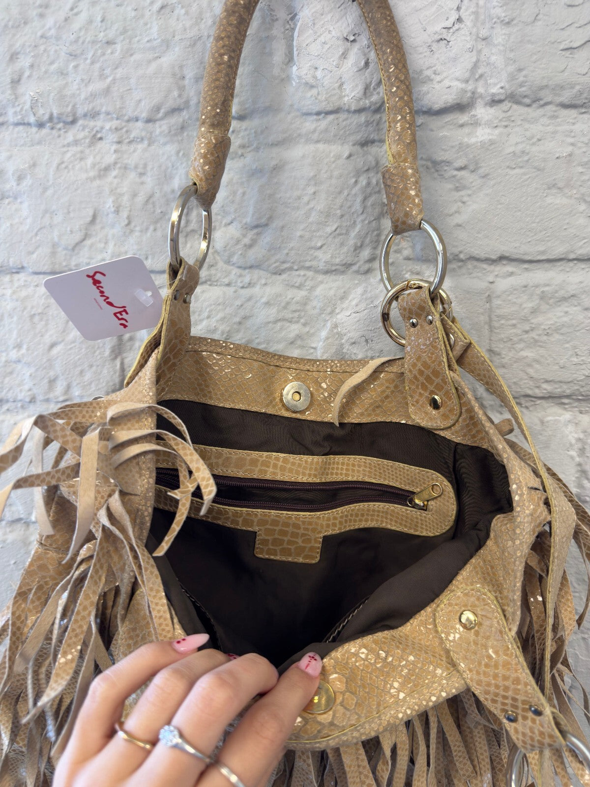 Beige Fringe Shoulder Bag with Snake Texture