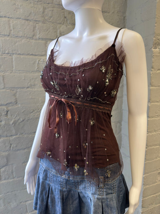 Brown Embellished Spaghetti Strap Top with Ribbon Tie